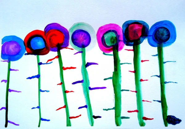 A kid's drawing of candleflowers done with paint markers.