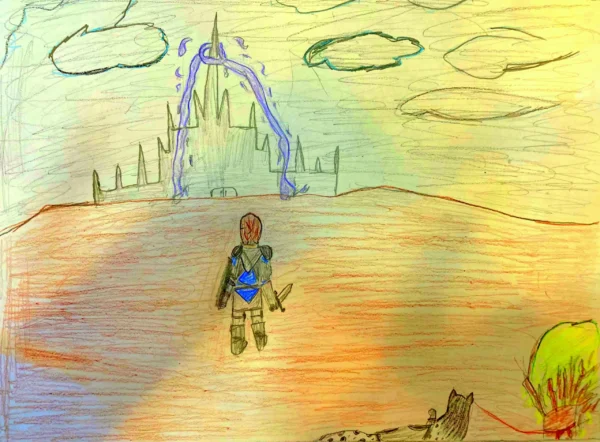 A colored pencil drawing of a large castle surrounding by some kind of evil purple magic. A night stands looking at the castle, sword in hand.