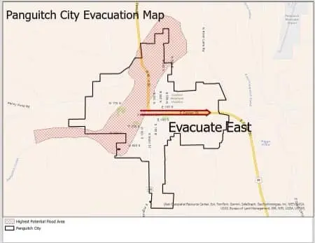 Panguitch City evacuation map. Evacuation will go east down Highway 12 toward Hatch.