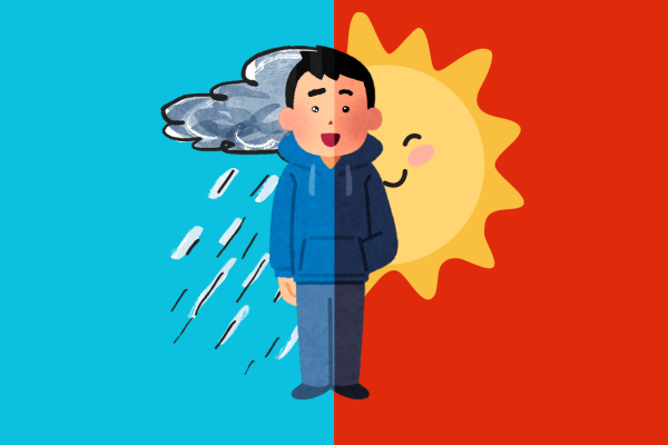 Graphic: A boy stands in the middle of a frame split in two. One side is warm, happy and sunny; the other is blue, sad and rainy.