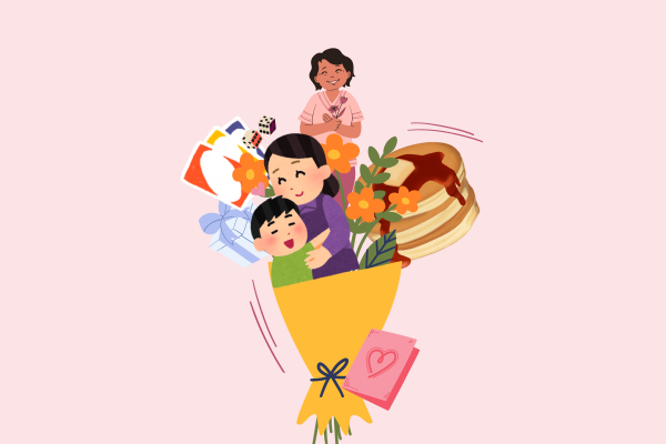 Graphic: A bouquet of flowers, hugs, pancakes, games and gifts with a card.