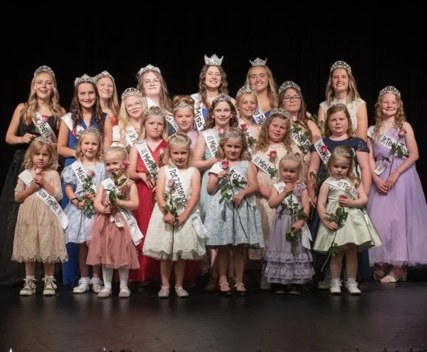 All the contestants for Miss Piute with their flowers, sashes and crowns.