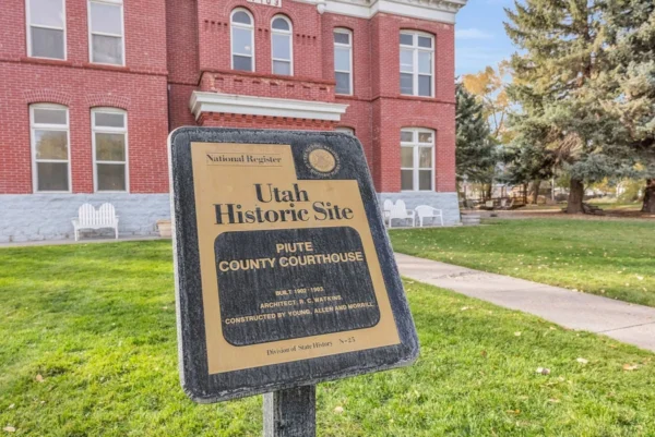 A sign on the courthouse lawn: "National Register: Utah Historic Site. Piute County Courthouse."