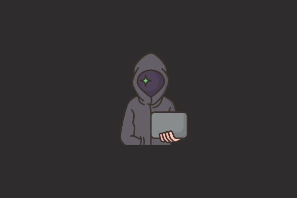 Graphic: A dark-hooded person with a glint in their eye. They hold some kind of electronic device in their hand