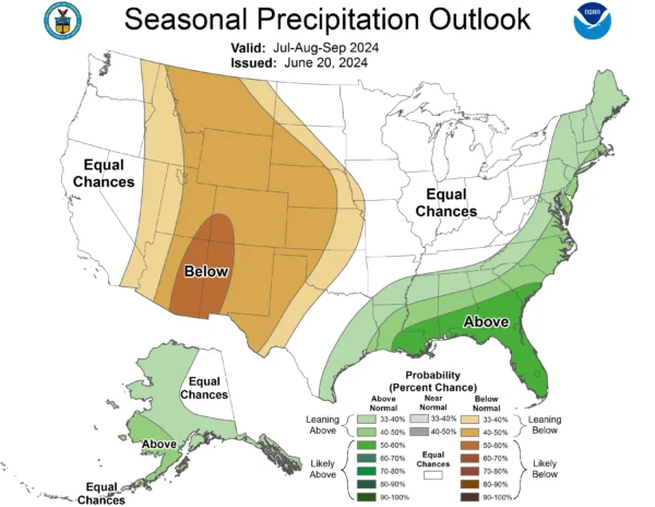 A map of the United States showing below- or above-average precipitation. Above-average areas are mostly in Florida and the southern states, but also across the east coast. Below-average areas cover the west and midwest from about Nebraska to Idaho.