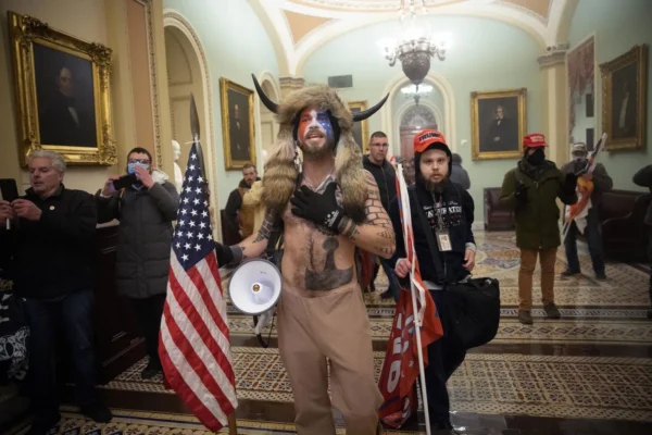 Jacob Chansley, aka the QAnon Shaman, at the White House with others of the group on January 6.