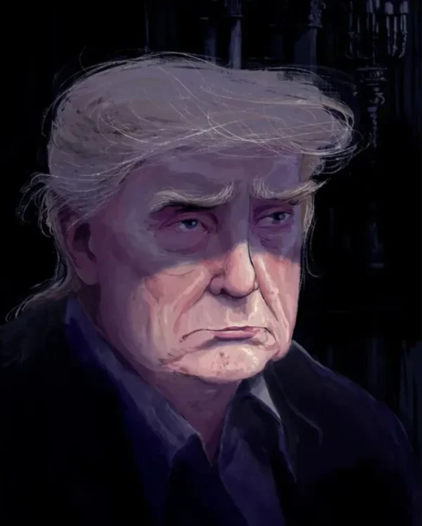 A detailed caricature drawing of a sad-looking Donald Trump with his face half in shadow.