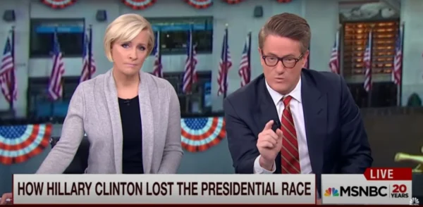 Joe Scarborough and Mika Brzezinski on MSNBC. The news ticker reads, "How Hilary Clinton Lost the Presidential Race."