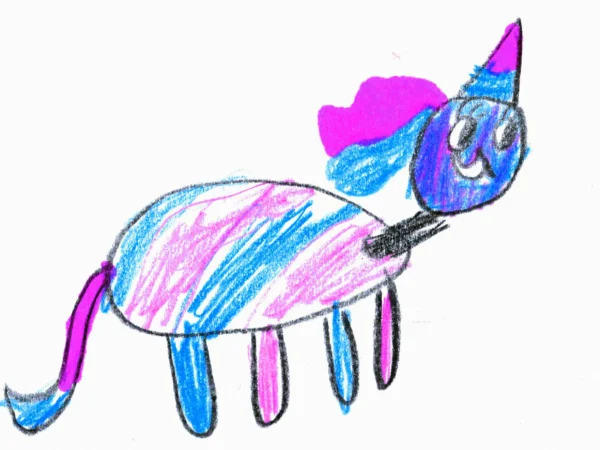 A kid's crayon and marker drawing of a unicorn, with a pink and blue striped body and a skinny neck.