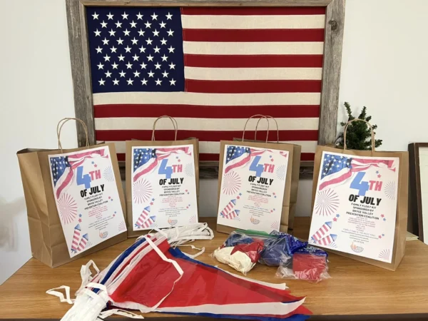 Paper bags of float kits with 4th of July flyers on them.