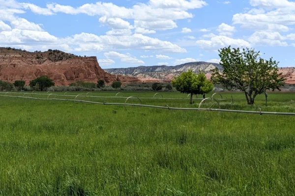 A wheel-line irrigation system in Cannonville, Utah, surrounded by red rocks.