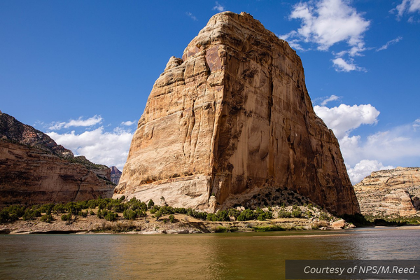 Steamboat rock, where the Green River meets the Yampa River in Echo Park, Dinosaur National Monument. Courtesy of NPS/M. Reed.