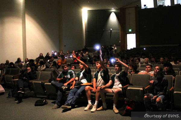 The Bryce Valley Student body waving their phone flashlights in the air at their opening assembly for the 2024-2025 school year.