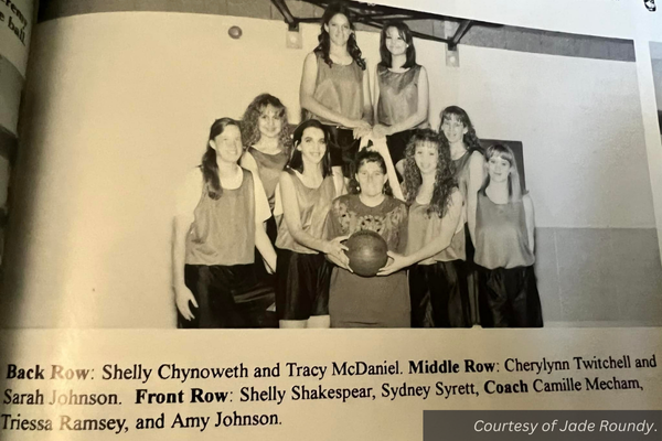 Black and white yearbook picture of the 1996 bryce valley girls basketball team. Courtesy of Jade Roundy.