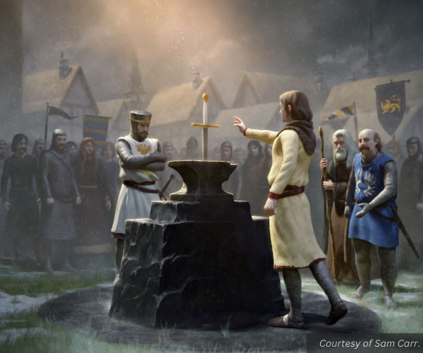 Artwork of King Arthur as a young man reaching to draw the sword from the stone. A light from the sky shines on him and the stone. Surrounding citizens are shrouded in fog. Courtesy of Sam Carr.