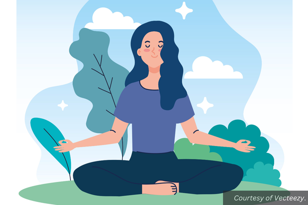 A graphic of a girl doing a meditation outdoors. Courtesy of Vecteezy.