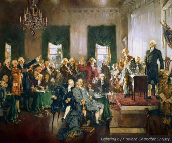 A painting in retrospect of the United States Constitutional Convention. Painting by Howard Chandler Christy.