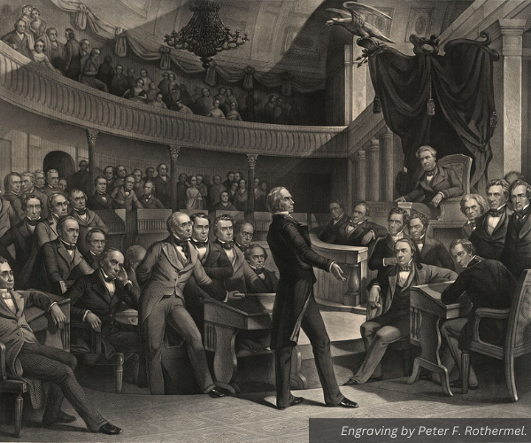 An engraving of a room full of men listening to the man on speaking on the floor. Engraving by Peter F. Rothermel.