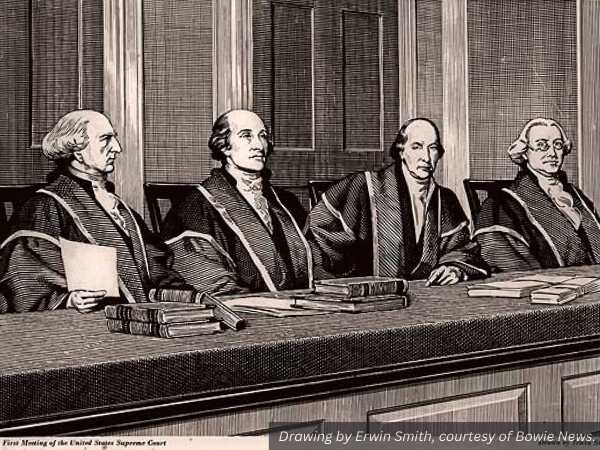 A very detailed ink sketch of four U.S. Supreme Court justices at a judge's bench. Drawing by Erwin Smith, courtesy of Bowie News.