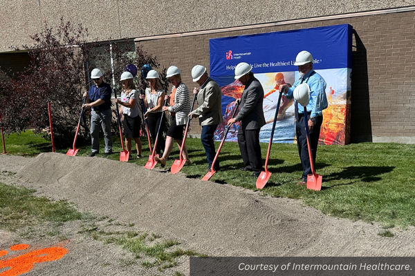 Seven people break the ground at the Garfield Memorial Hospital expansion groundbreaking. Courtesy of Intermountain Healthcare.