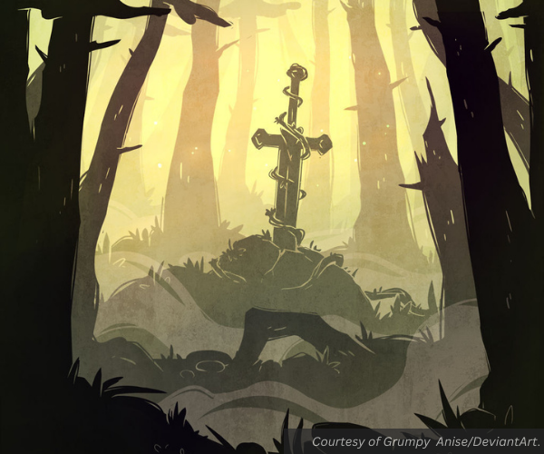 An digital artist's rendition of the sword in the stone. The sword is in a lighted clearing in a dark forest. Courtesy of Grumpy Anise/DeviantArt.