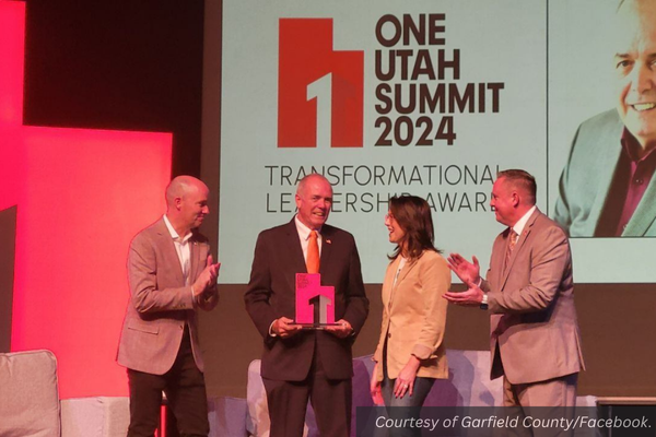 Jerry Taylor receiving the transformational leadership award at the One Utah Summit at Southern Utah University. Courtesy of Garfield County/Facebook.