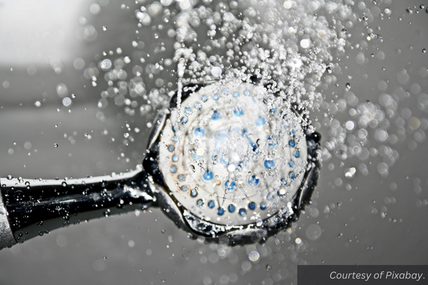 A showerhead spraying water. Courtesy of pixabay.