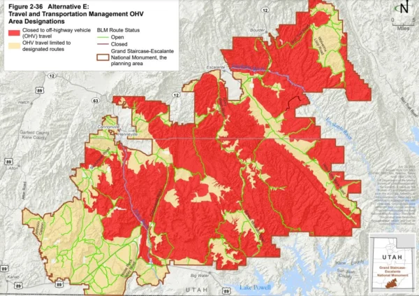 BLM's map of the Grand Staircase showing designated roads on the monument and where closures will be. One designated road is closed. It also shows large areas of land in red where lands are closed to off-highway vehicle travel.