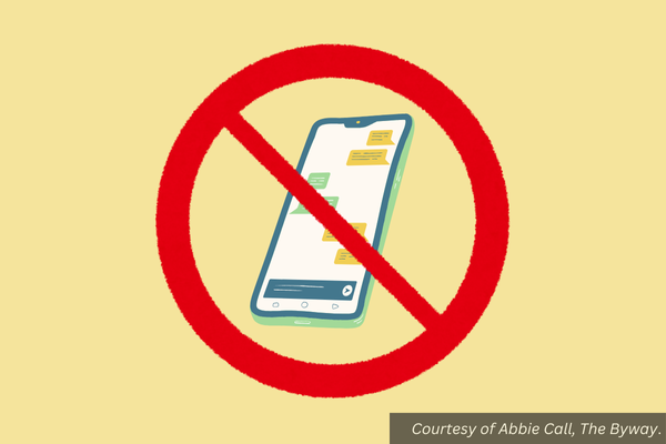 Graphic: A smart phone with a red prohibited symbol over it. Courtesy of Abbie Call, The Byway.