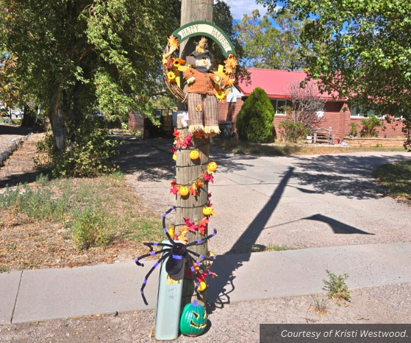 Halloween and Thanksgiving decorations on a light pole in Circleville. "Happy Harvest" reads a sign above a scarecrow. Courtesy of Kristi Westwood.