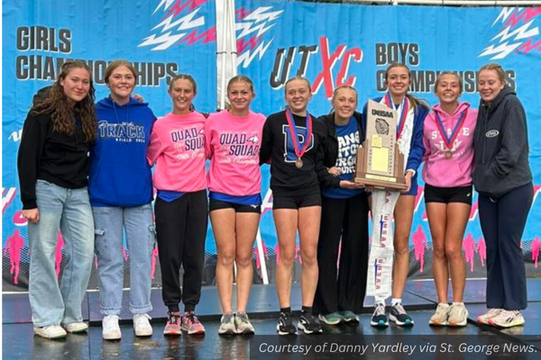 The Panguitch girls cross country team with their first place state trophy and medals. Courtesy of Danny Yardley via St. George News.