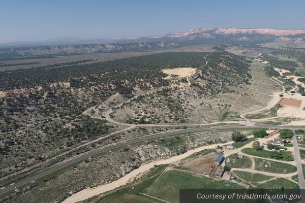 An aerial view of Merrill's Bench, Bullberry Inn and other properties on the edge of Tropic, Utah.