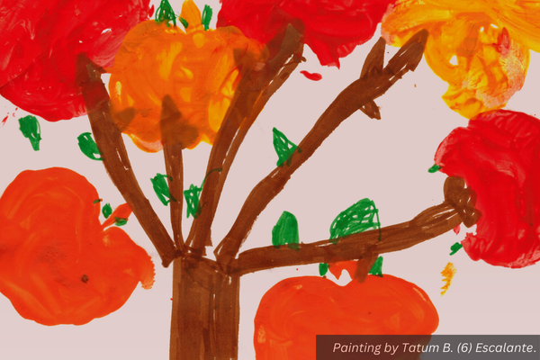 A kid's painting of large apples on a tree. By Tatum B. (6) Escalante.