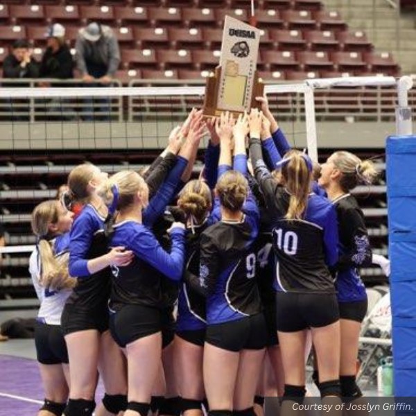 Panguitch volleyball team holding up their 1st place trophy. Courtesy of Josslyn Griffin.