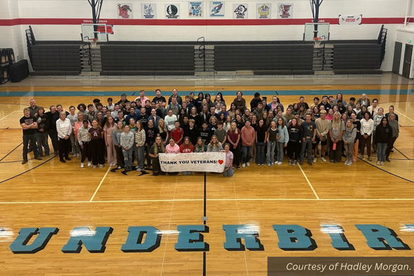 The Piute student body with their signed "Thank you veterans" sign. Courtesy of Hadley Morgan.