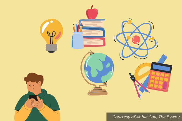 Graphic: A boy on a phone is turned away from a number of representations of school subjects: a globe, books, pencils, an atom, and a calculator. Courtesy of Abbie Call, The Byway.