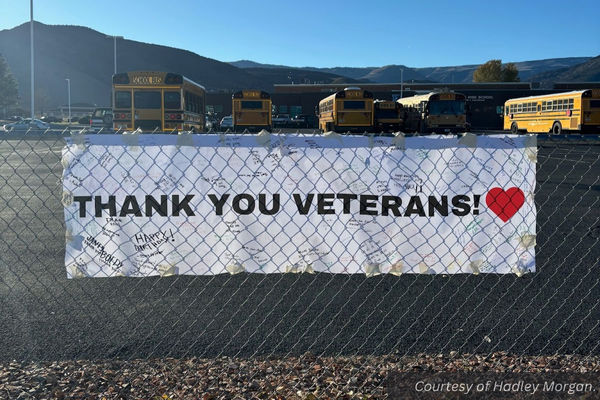 "Thank you veterans!" reads a sign hung on Piute High School's fence. Courtesy of Hadley Morgan.