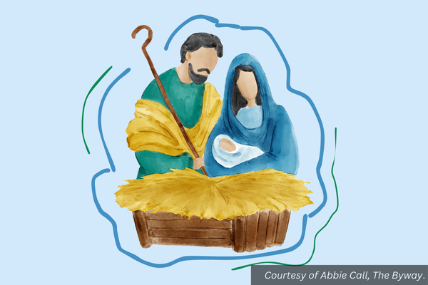 Graphic: A Nativity scene with Mary, Joseph, and the baby Jesus by the manger. Courtesy of Abbie Call, The Byway.