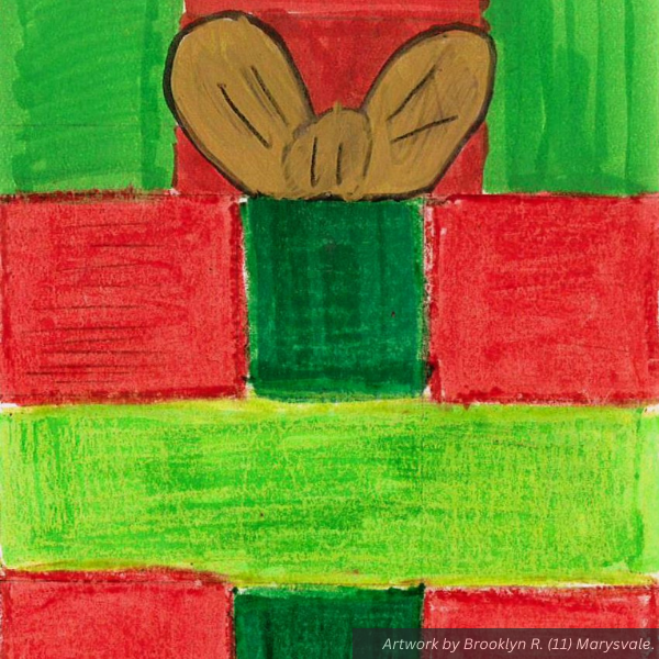 A drawing of a red and green present with a gold bow. Colored with marker.