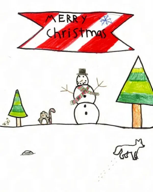 A kid's marker drawing of a snowman, two fir trees, and various winter animals. At the top, a red and white striped banner reads "Merry Christmas."