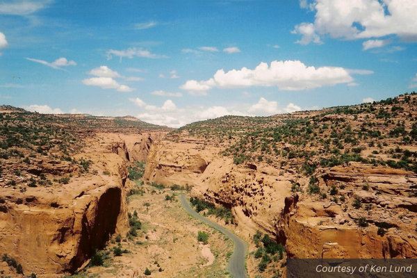 An aerial view of the Burr Trail road winding through the canyons near Boulder, Utah. Courtesy of Ken Lund.