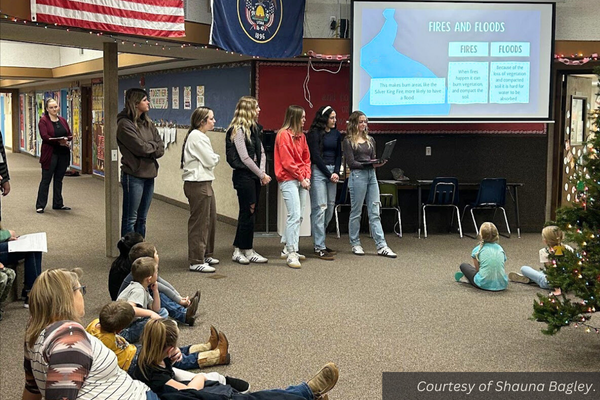 Six Piute high school FBLA students present to a group of elementary school students. Courtesy of Shauna Bagley.