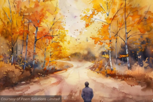 A watercolor painting of a man looking down a dirt road in some autumnal quaky woods. Courtesy of Poem Solutions Limited.