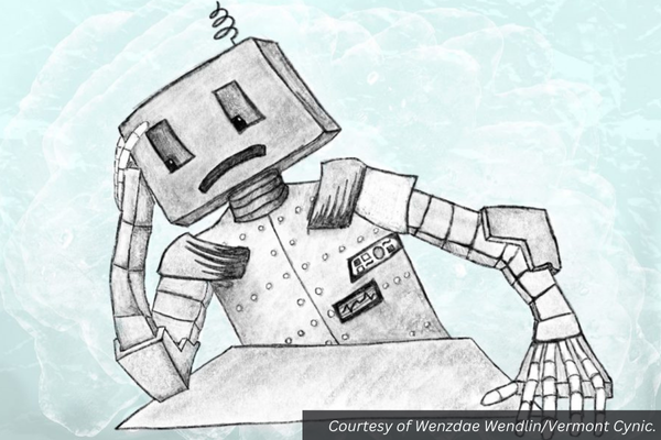 A drawing of a boxy metal robot at a desk putting its head in its hand. Courtesy of Wenzdae Wendlin/Vermont Cynic.