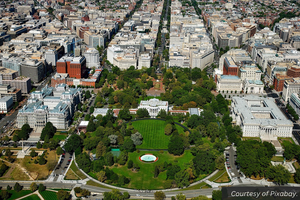 An aerial view of the White House and the city of Washington, DC. Courtesy of Pixabay.