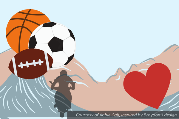 A basketball, soccer ball, and football next to a heart and a guy on a motor bike. Courtesy of Abbie Call inspired by Braydon's design.