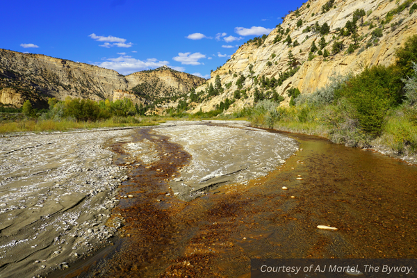 A bend in Henrieville creek in Southern Utah. The sky is blue and the trees are vibrant green and yellow. Courtesy of AJ Martel, The Byway.