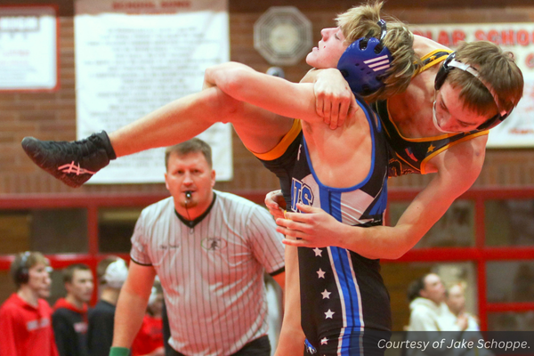 A Panguitch wrestler picks up his opponent in a match at Manti High School. Courtesy of Jake Schoppe.