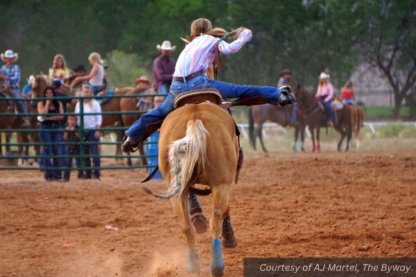 Dally Chynoweth riding her horse in a rodeo in Escalante. Courtesy of AJ Martel, The Byway.