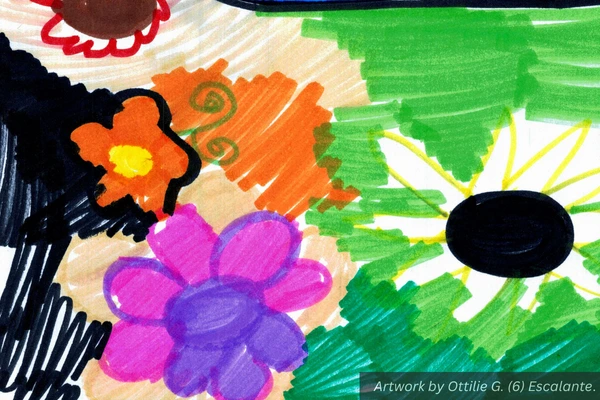 A kid's marker drawing of colorful flowers. Artwork by Ottilie G. (6) Escalante.